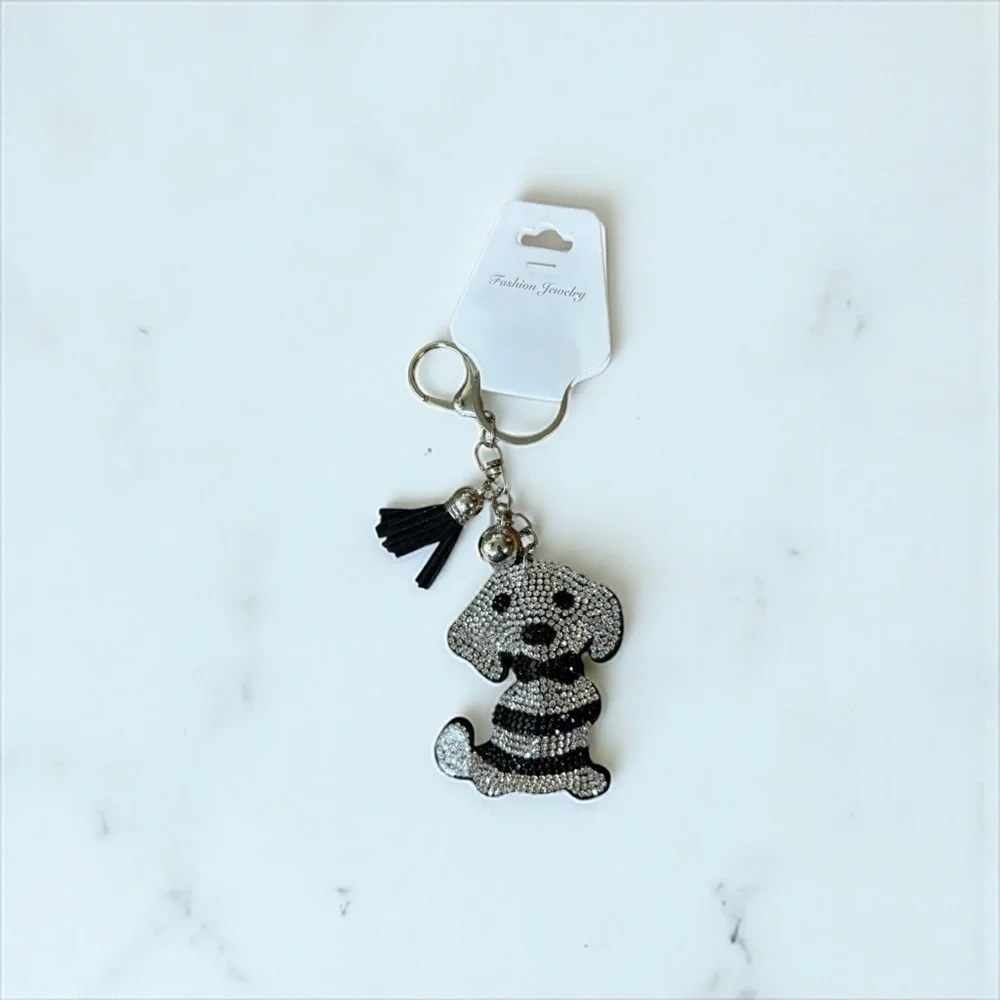 Fashion Jewelry Sparkling Black and Silver Rhinestone Dog Keychain